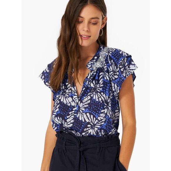 Xirena Women's Blue White Double Layer Flutter Sleeve Water Sumer Top Size Xs - Picture 1 of 12